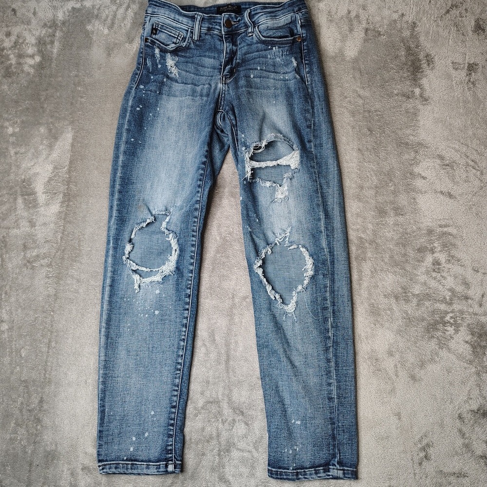 Judy Blue Jeans Womens 28 Blue Boyfriend Medium Wash Distressed Stretch Denim